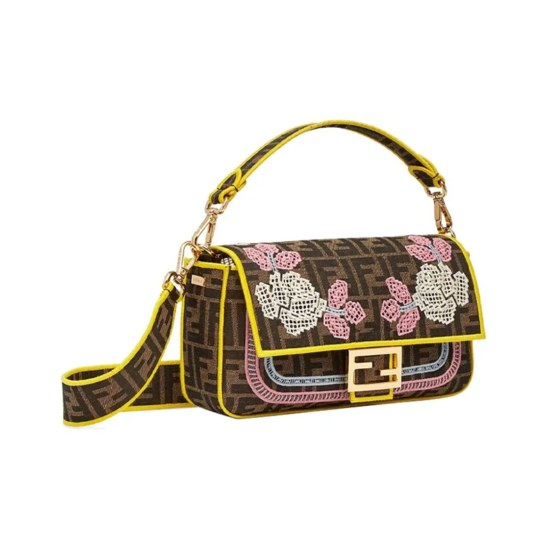 FENDI Baguette Jacquard Canvas Baguette Bag Portable Crossbody Bag Shoulder Bag Women's Brown/Yellow-1
