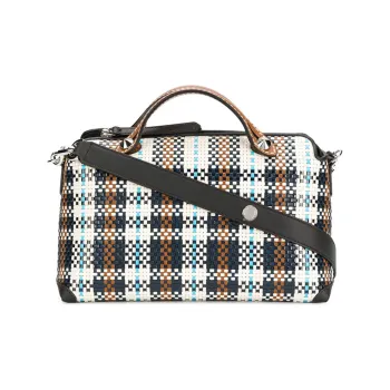 FENDI Woven Leather Boston Bag, Shoulder Bag, Crossbody Bag, Handbag Small Size Women's Brown Blue