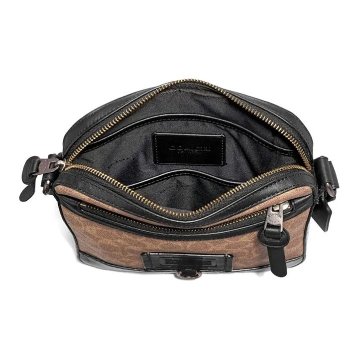 COACH Rivington Monogram Canvas With Leather Shoulder Bag, Crossbody Bag Small Size Men's Khaki Monogram & Black-2
