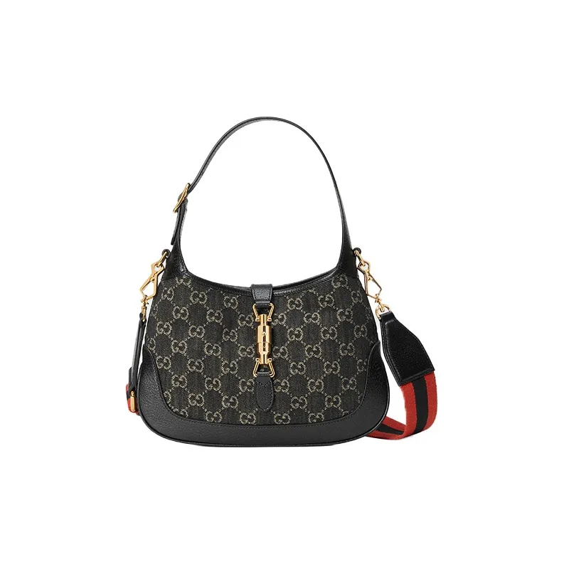 GUCCI Jackie 1961 Canvas With Leather Trim Crescent Shoulder Bag Shoulder Bag, Crossbody Bag Trumpets Women's Black-0