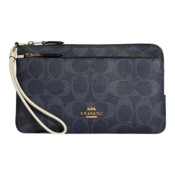 COACH Canvas With Leather Coin Purse Clutch Wrist Bag Small Size Women's Denim Blue