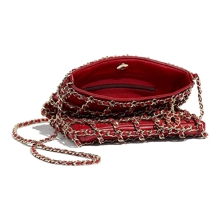 CHANEL Sheepskin And Gold Metal Cell Phone Pouch, Shoulder Bag, Crossbody Bag Women's Red-2
