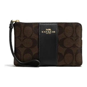 COACH Corner Zip Canvas With Leather Clutch Wrist Bag Pochette Coin Purse Small Size Women's Dark Brown