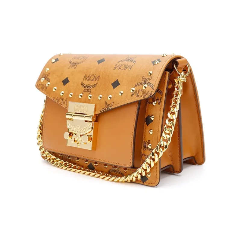 MCM Patricia Visetos Cow Leather Crossbody Bag, Shoulder Bag Mini Women's Cognac-1