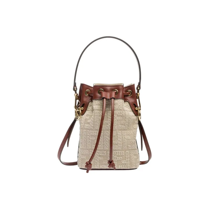 FENDI Mon Tresor Fabric With Cow Leather Bucket Bags Shoulder Bag Crossbody Bag Handbag Women's Beige/Brown-1