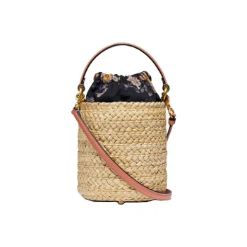COACH Drawstring Leather Detail Bucket Bag Handbag Shoulder Bag Crossbody Bag Women's Straw