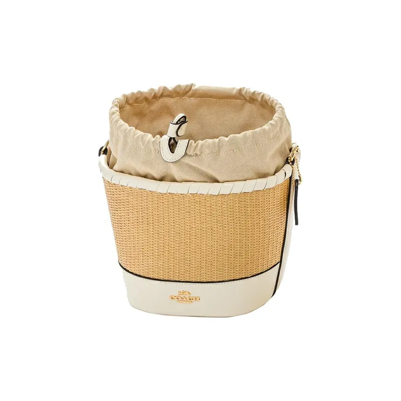 COACH Straw Leather Bucket Bag Portable One Shoulder Crossbody Grass Bag Small Size Women's Ecru-1