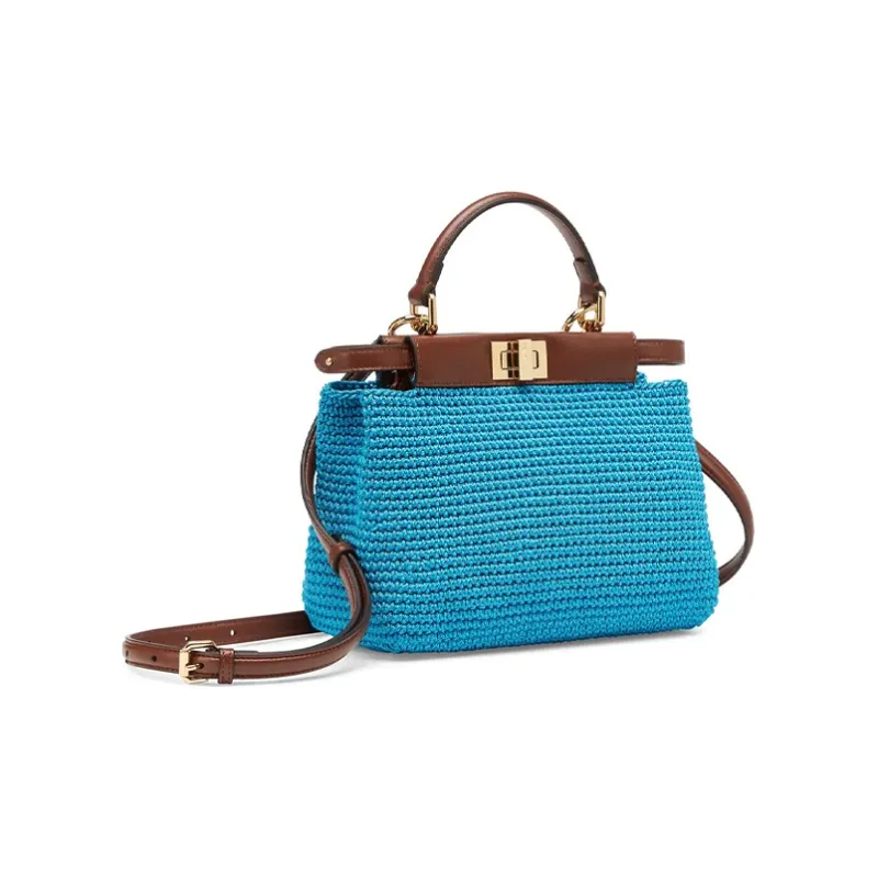 FENDI Peekaboo Fabric With Leather Shoulder Bag, Crossbody Bag, Handbag Mini Women's Blue-1