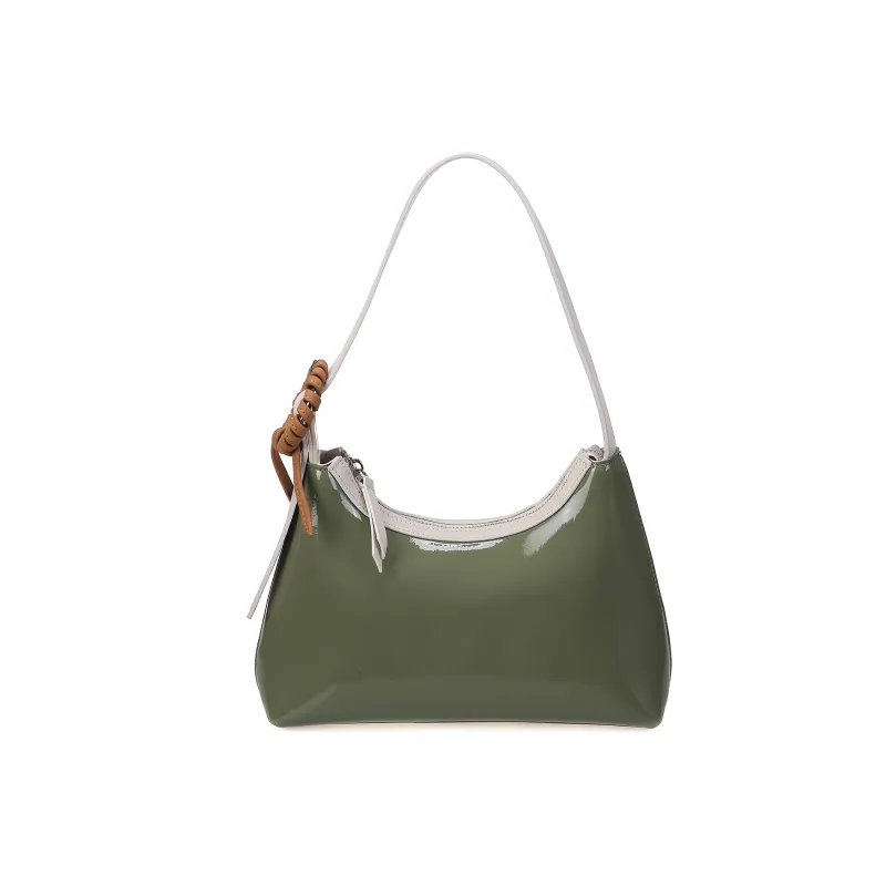 QULU Patent Leather Top Grain Cow Leather Shoulder Bag Baguette Bag Shoulder Bag Regular Women's Coffee/Green-5