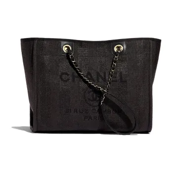 CHANEL Fabric Tote Shopping Bag Handbag Women's Black