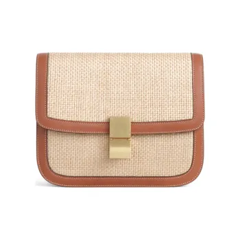 CELINE Classic Bo Fabric Woven With Cow Leather Crossbody Bag Shoulder Bag Medium Size Women's Brown