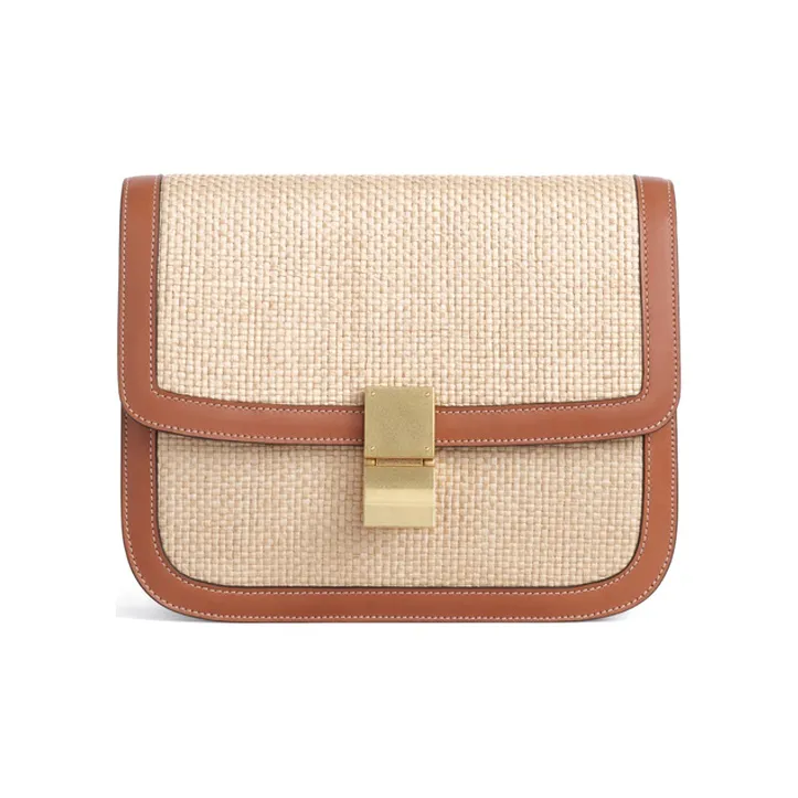 CELINE Classic Bo Fabric Woven With Cow Leather Crossbody Bag Shoulder Bag Medium Size Women's Brown-0