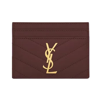 SAINT LAURENT Monogram Quilting Leather Card Clip Card Holder Women's Dark Red