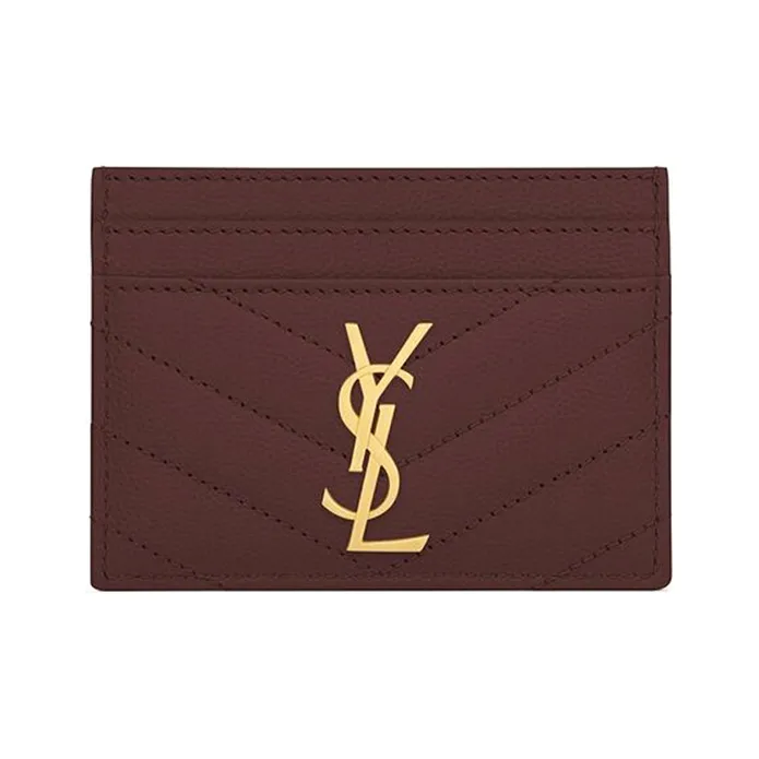 SAINT LAURENT Monogram Quilting Leather Card Clip Card Holder Women's Dark Red-0