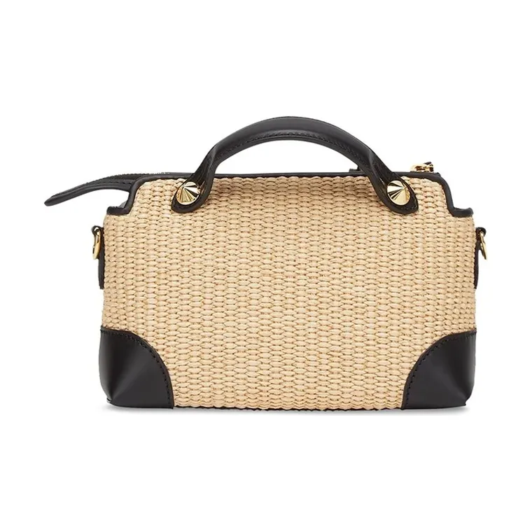 FENDI By The Way Series Straw Woven With Leather Shoulder Bag Crossbody Bag Handbag Mini Women's Beige-4