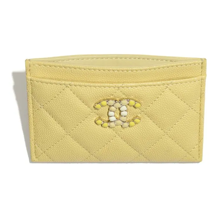 CHANEL Caviar Calfskin And Metal Card Holder Women's Yellow-2