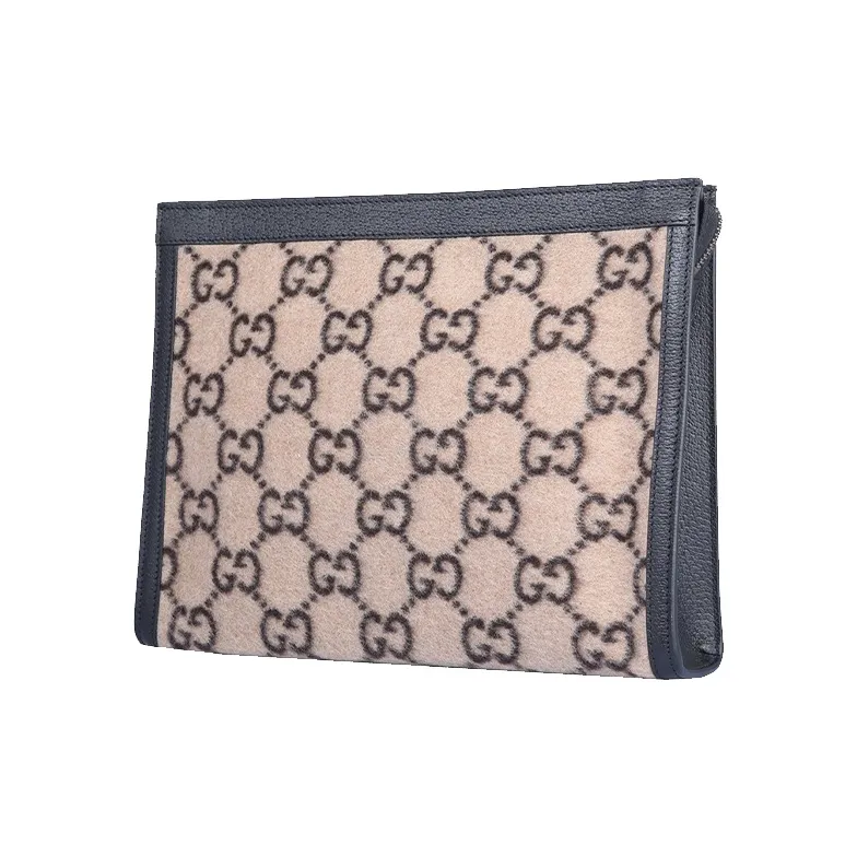 GUCCI Wool Patchwork Leather Clutch Unisex Beige/Black-2