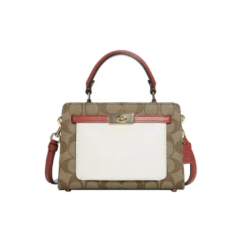 COACH Lane Canvas With Leather Handbag Shoulder Bag Crossbody Bag Women's Khaki & White