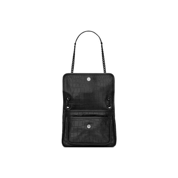 SAINT LAURENT Niki Crocodile Pattern Embossed Leather Hobo Bag Crossbody Bag Shoulder Bag Women's Black-4