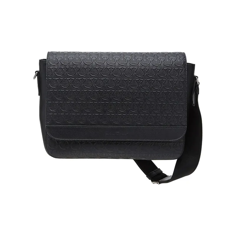 FERRAGAMO GANCINI Cow Leather Messenger Bag Shoulder Bag Crossbody Bag Men's Black-0