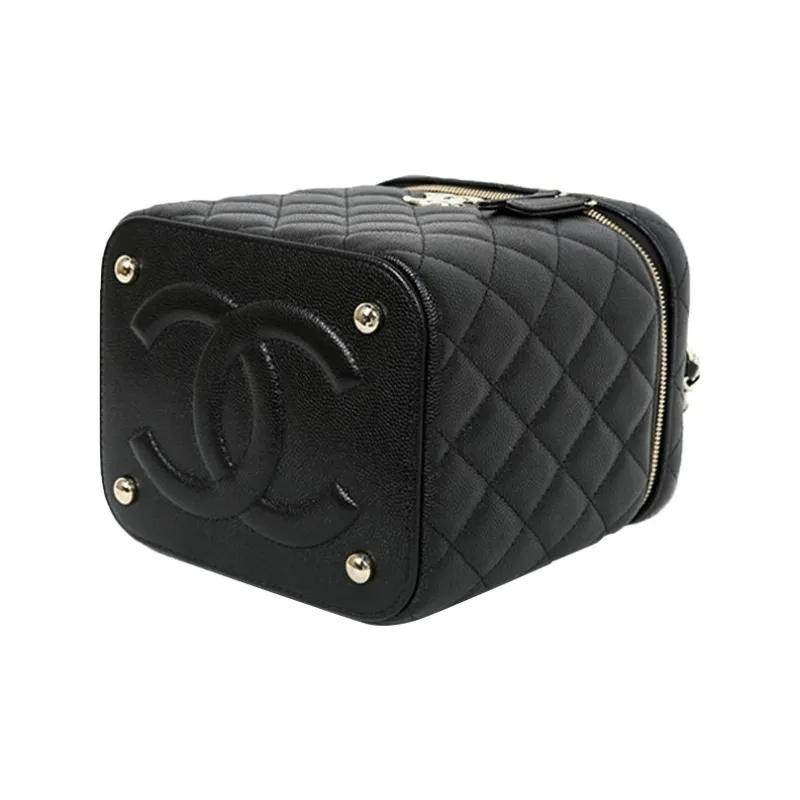 CHANEL Litchi Grain Cow Leather Vertical Box Bag, Top Zipper, Shoulder Bag, Makeup Bag, Handbag Women's Black-3