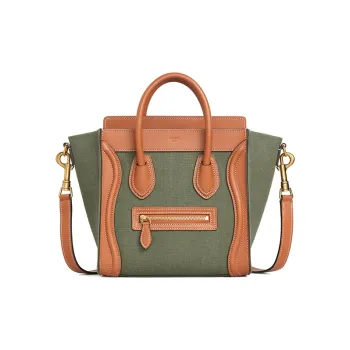 CELINE Luggage Fabric Cow Leather Patchwork One Shoulder Handbags Nano Women's Khaki Green/Tan