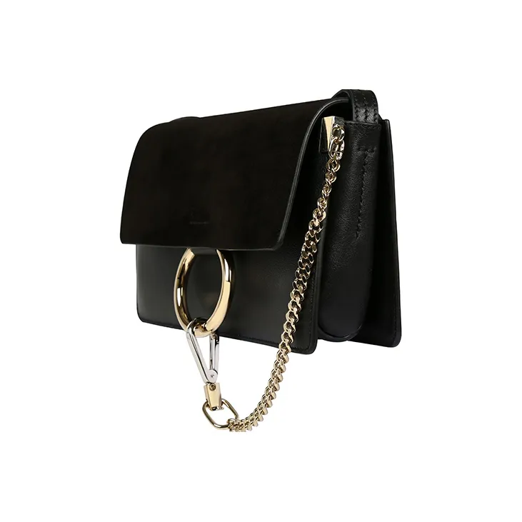 Chloe Faye Suede Patchwork Calfskin Shoulder Bag Crossbody Bag Small Size Women's Black-1