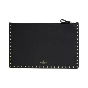 Valentino ROCKSTUD Rough Cow Leather Clutch Women's Classic Black