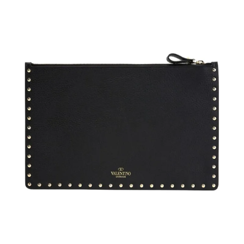 Valentino ROCKSTUD Rough Cow Leather Clutch Women's Classic Black-0