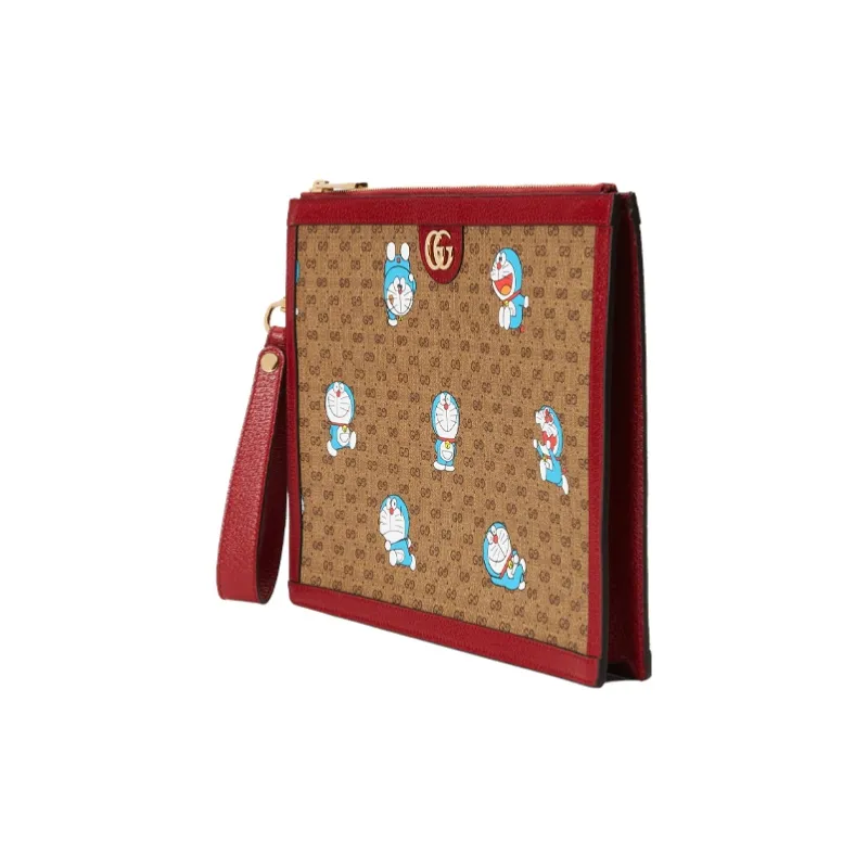 GUCCI Doraemon Doraemon Collaboration Canvas With Leather Clutch Regular Unisex Ebony/Red-1