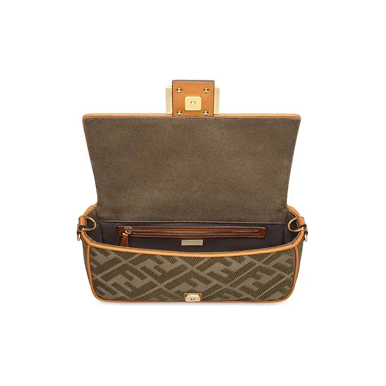 FENDI Baguette Canvas With Leather Baguette Bag Crossbody Bag Handbag Shoulder Bag Medium Size Women's Dark Green/Brown-3