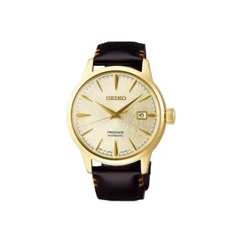 SEIKO Presage Series Automatic Mechanical Movement Cowhide Strap Watch Unisex Gold Dial