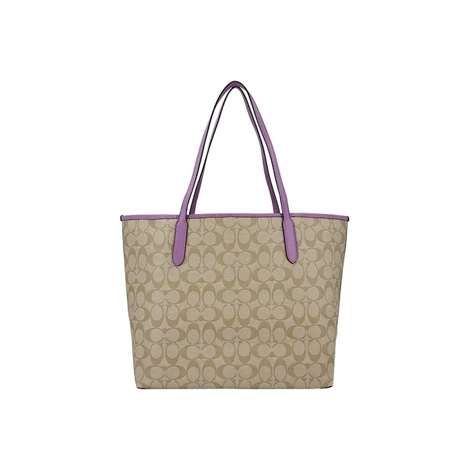 COACH City Canvas With Leather Tote Bag Shopping Bag Shoulder Bags Large Size Women's Light Khaki With Purple-1
