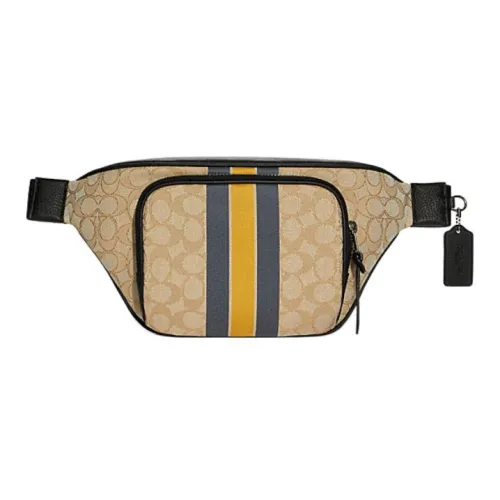COACH Thompson Cow Leather Fanny Pack Sling Bags Large Size Men's Khaki & Blue Yellow Stripes