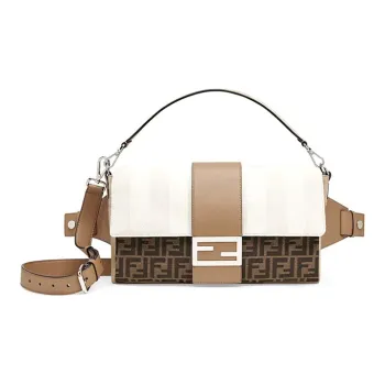 FENDI Baguette Canvas With Leather Crossbody Handbag Shoulder Bag Large Size Men's Brown/Beige