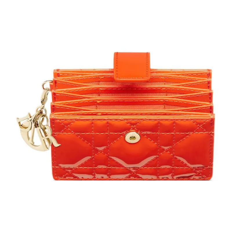 DIOR Lady Dior Patent Leather Cowhide Coin Purse Card Clip Card Holder Women's Bright Orange-2