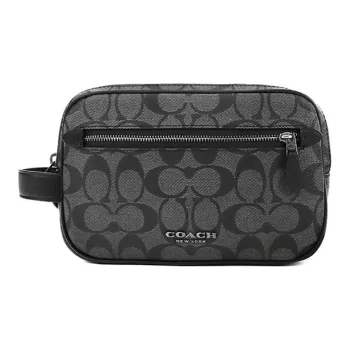 COACH Double Zip Wallet Canvas With Leather Double Zip Closure Overnight Bag Handbag Clutch Small Size Unisex Black
