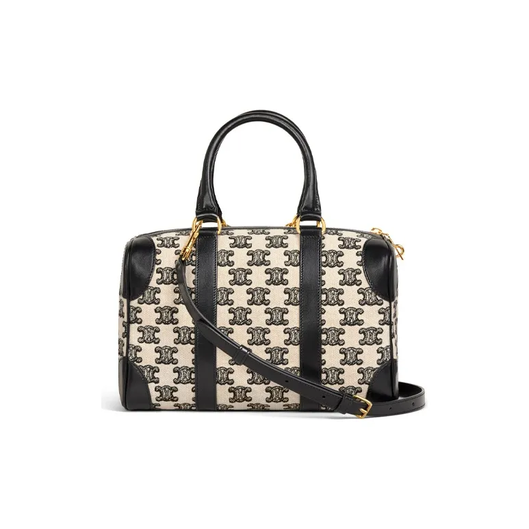 CELINE Embroidered Cow Leather Patchwork Boston Bag One Shoulder Handbags Small Size Women's Black-2