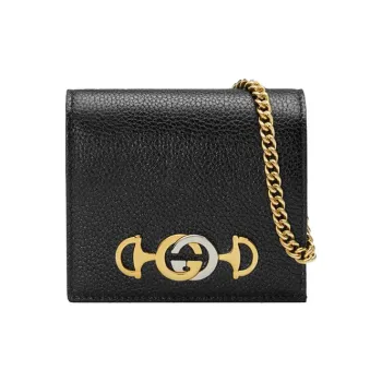 GUCCI Zumi Grain Leather Handbag Chain Wallet Card Holder Women's Black