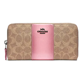 COACH Accordion Zip Canvas With Leather Wallet Women's Pink & Brown Monogram
