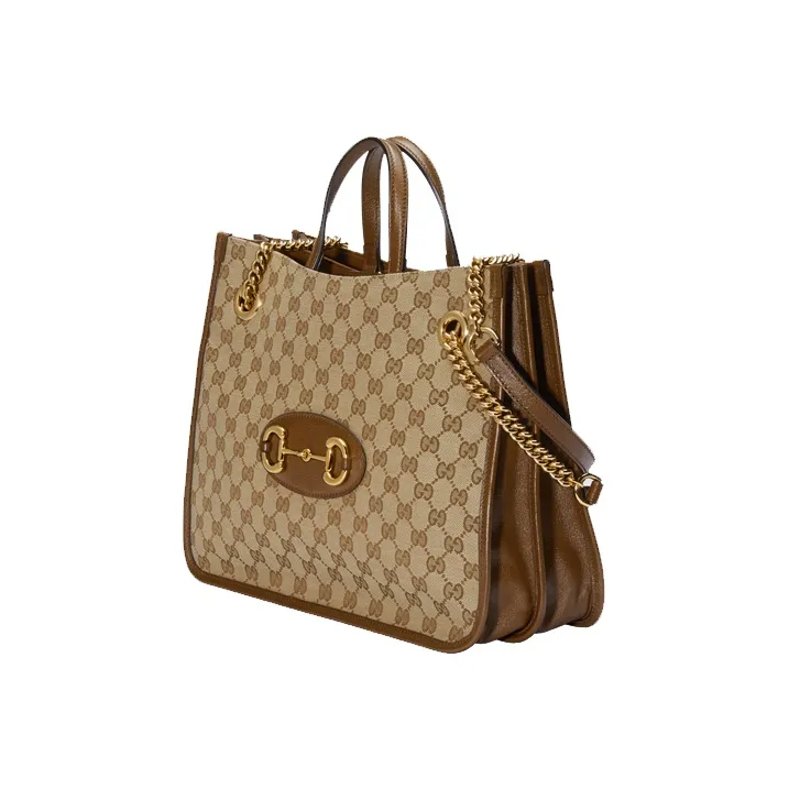 GUCCI Horsebit 1955 Canvas With Leather Tote Bag Shopping Bag Handbag Shoulder Bag Medium Size Unisex Ebony/Brown-1
