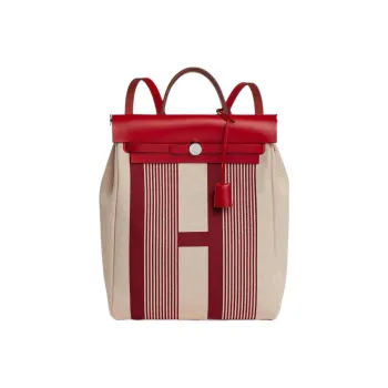 HERMES Herbag Canvas With Leather Backpack Unisex Bordeaux Red Light Beige Beige Spicy Pepper Red