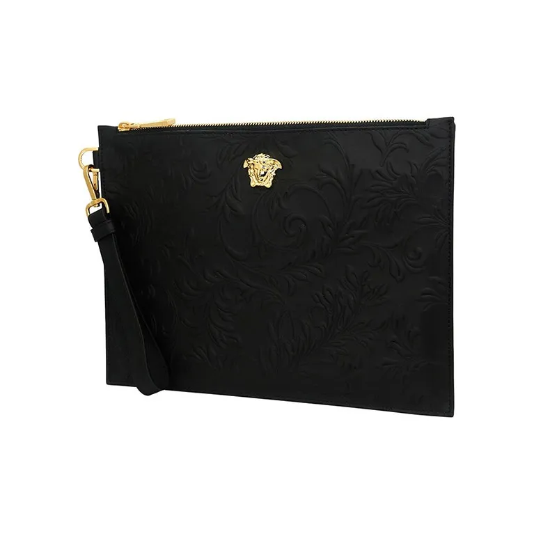 VERSACE Cow Leather Coin Purse Commute Clutch Large Size Men's Black-1