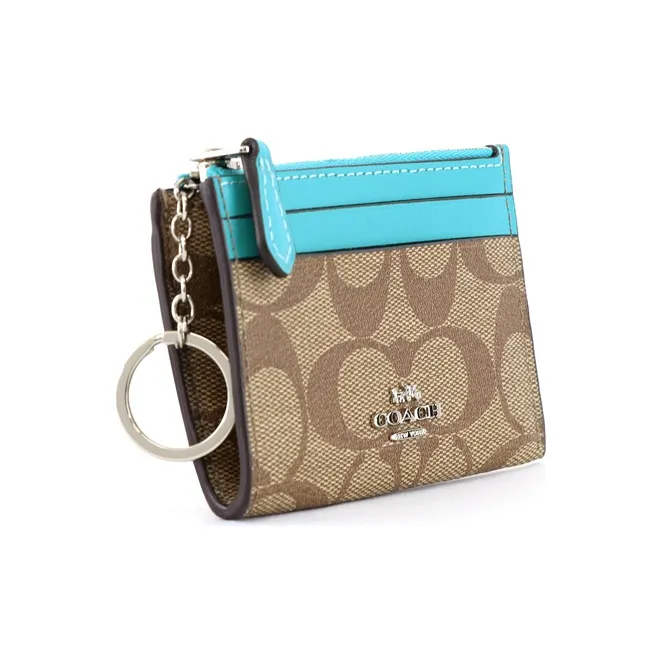 COACH Mini Id Skinny Leather Card Clip Card Holder Mini Women's Bright Blue & Brown Monogram-2