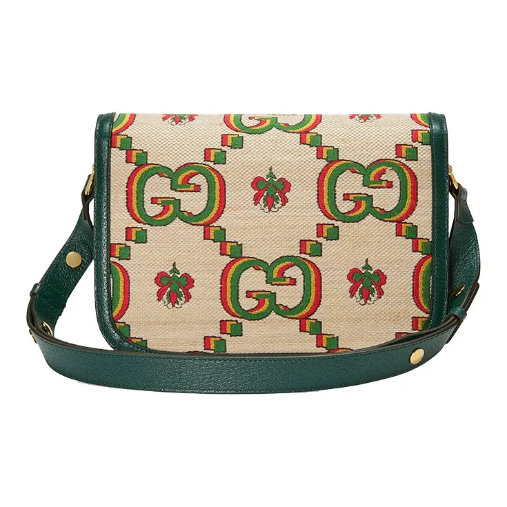 GUCCI Horsebit 1955 Jacquard With Leather Saddle Bag, Shoulder Bag, Crossbody Bag Trumpets Unisex Beige/Green-3