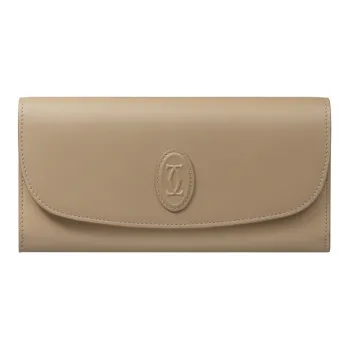 CARTIER Calfskin Leather Clip Card Holder Wallet Women's Taupe