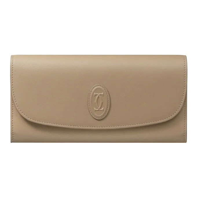 CARTIER Calfskin Leather Clip Card Holder Wallet Women's Taupe-0