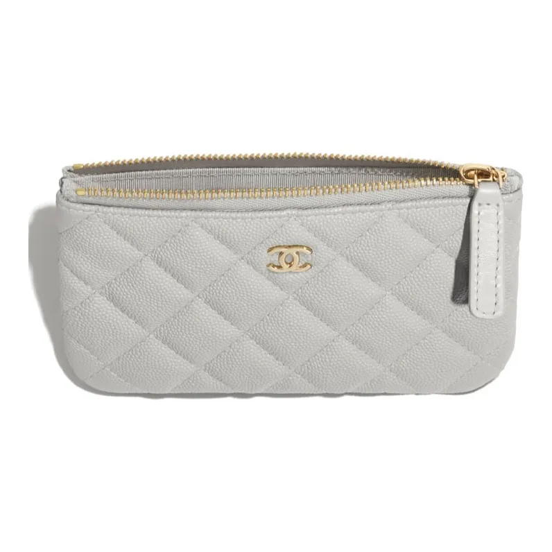 CHANEL Small Grain Embossed Caviar Cow Leather Pouch Clutch Coin Purse Mini Women's Gray-1