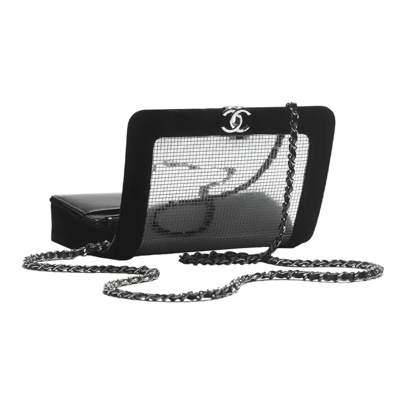CHANEL Velour Fiber & Metal Accessory Shoulder Bag Women's Black & Silver-3