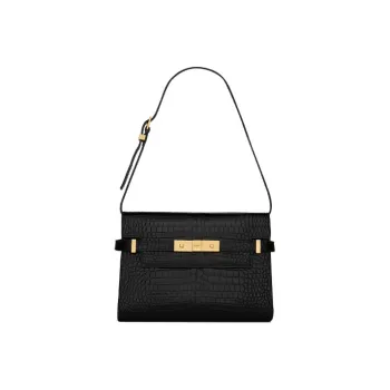 SAINT LAURENT MANHATTAN Crocodile Pattern Embossed Glossy Cow Leather Crossbody Bag Shoulder Bag Women's Black